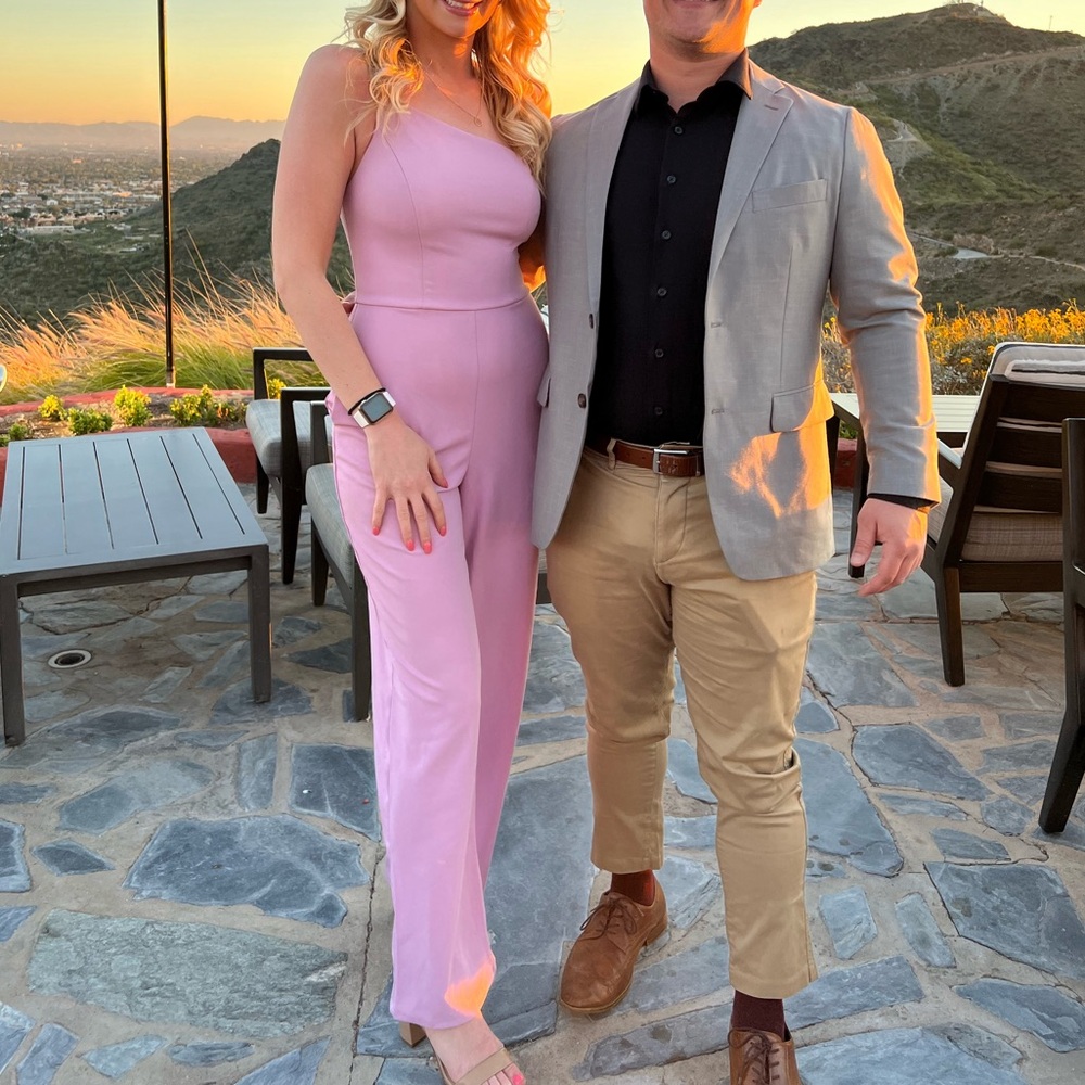 One shoulder pink jumpsuit